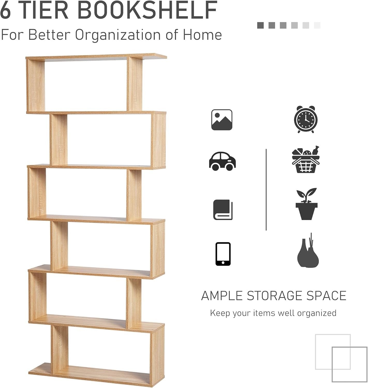 Oak S-Shape 6-Tier Bookcase Modern Display Shelf Room Divider Storage Unit