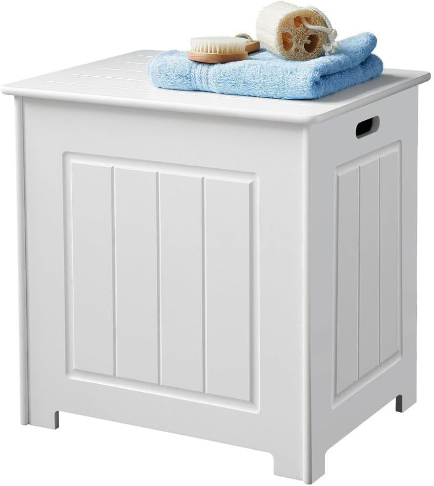 White Wooden Laundry Basket Lid Bathroom Storage Hamper Cabinet