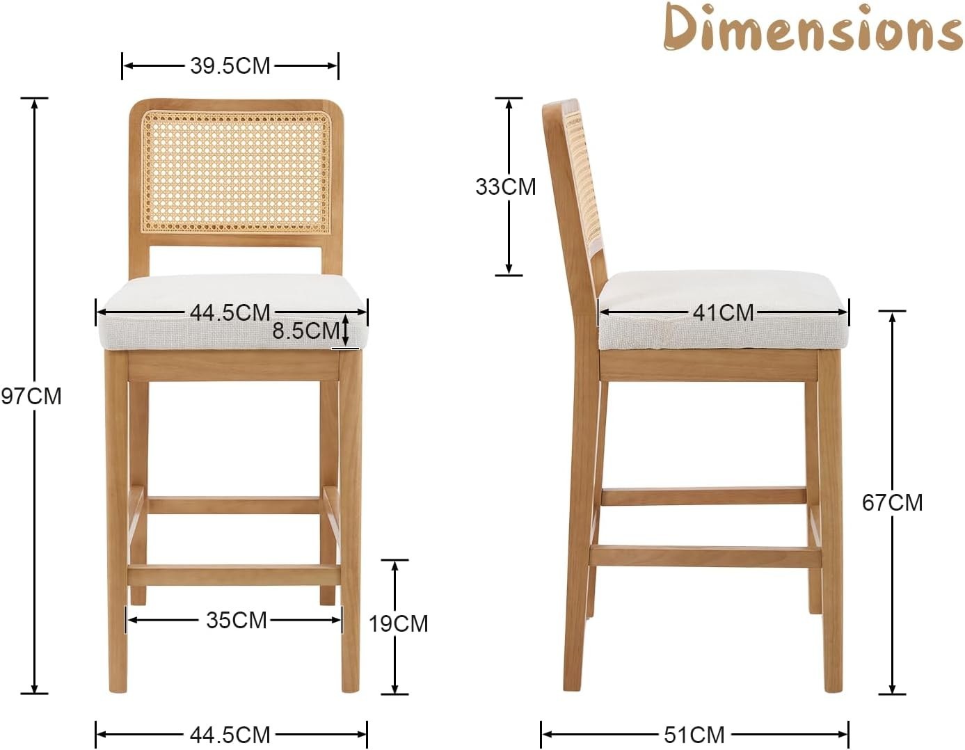White Chenille Bar Stool Set of 2 with Rattan Back Wooden Legs