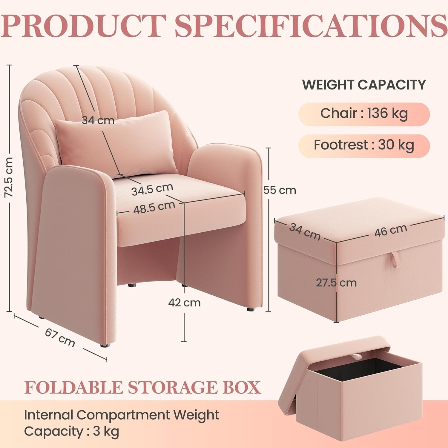 Velvet Tub Chair with Storage Footstool Pink Accent Armchair