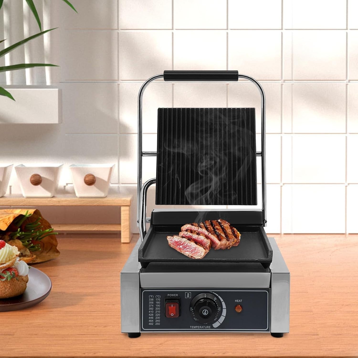 Commercial Panini Press Grill 1800W Adjustable Temp Non-Stick Sandwich