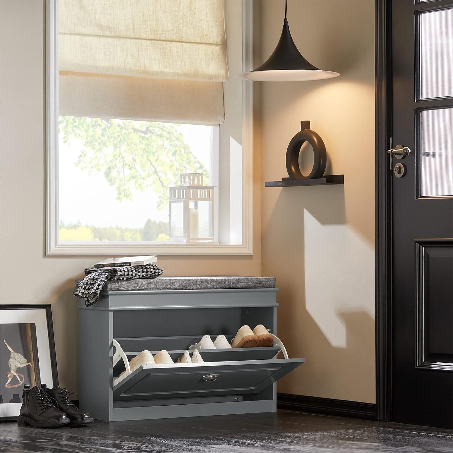 Compact Shoe Storage Bench with Flip Drawer & Cushion, 150kg Load Grey