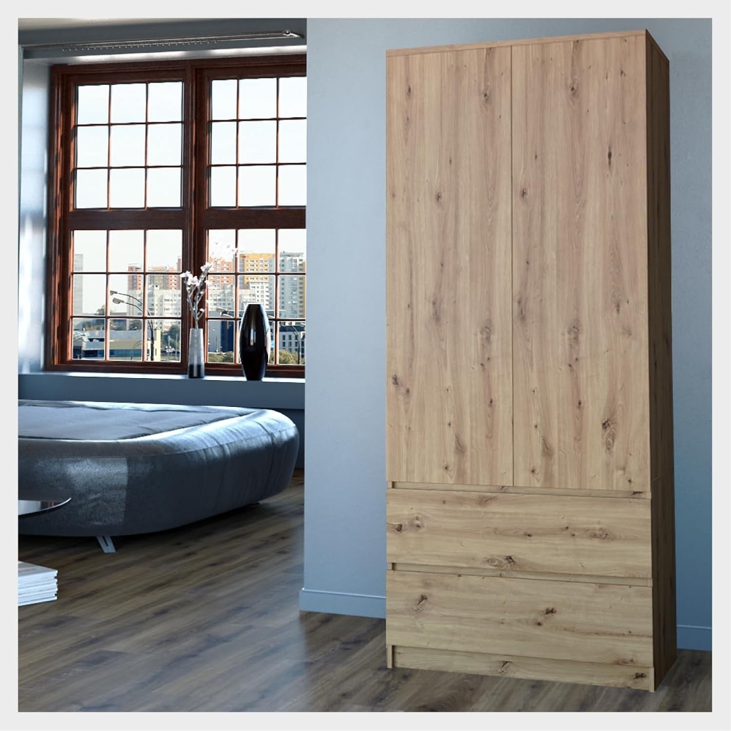 Large Rustic Double Wardrobe with Drawers & Hanging Rail - Bedroom Storage
