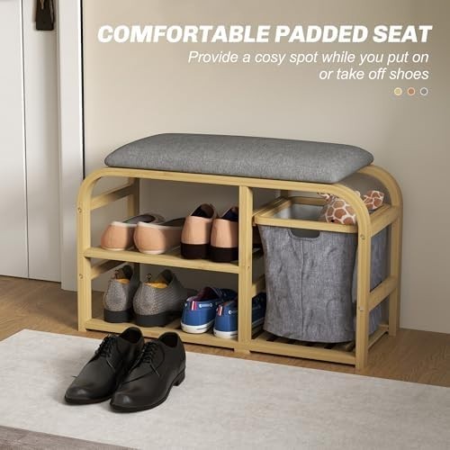 Natural Bamboo Shoe Storage Bench with Cushion & Basket 2 Shelves Entryway