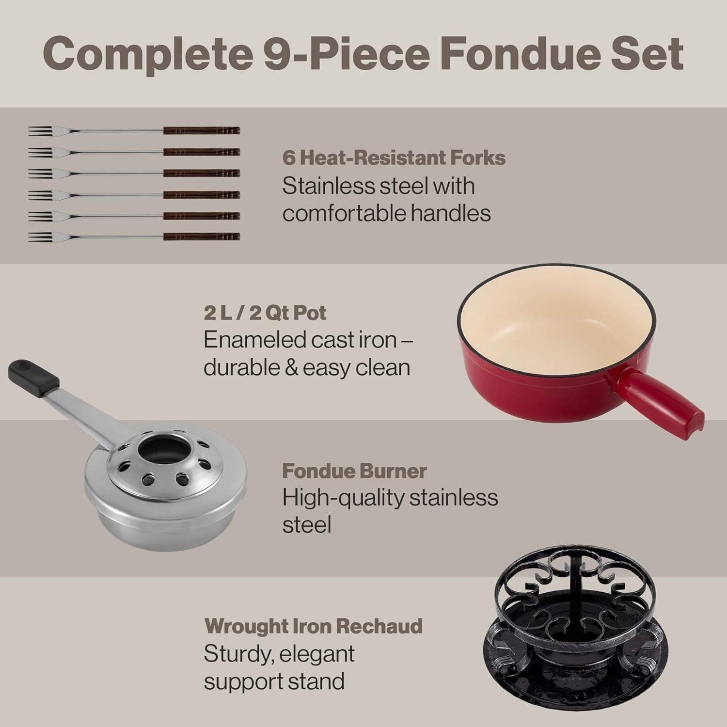 Cast Iron Fondue Set 9 Piece Cheese Chocolate Pot Red 2L Oven Safe