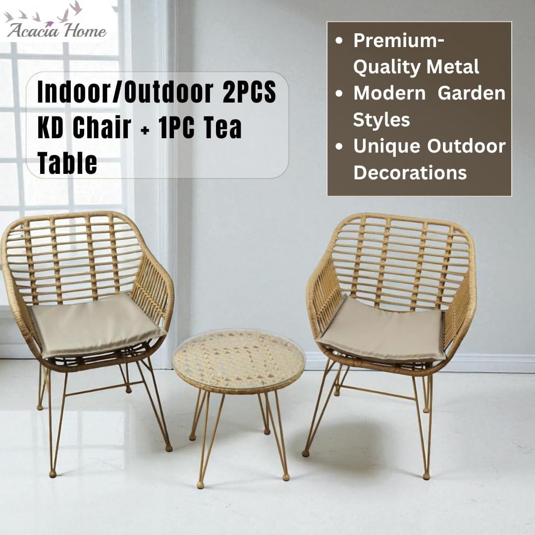 Rattan Garden Bistro Set 2 Chairs Glass Table Balcony Patio Outdoor Seating