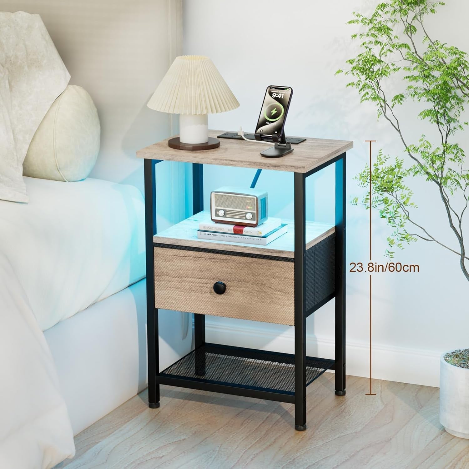 Grey Bedside Table with LED Light Charging Station Drawer & Open Shelf