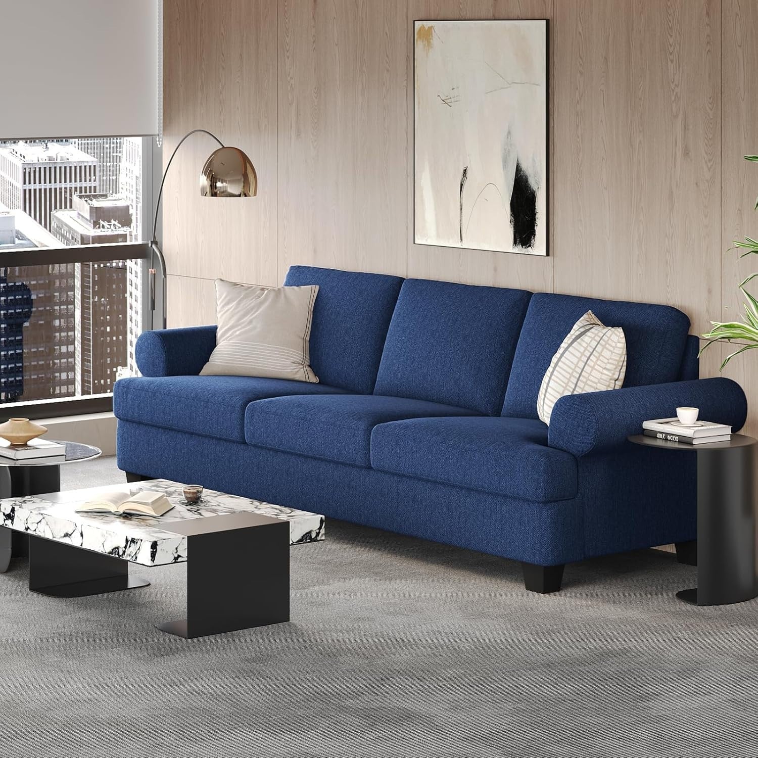 Luxury 3 Seater Deep Seat Sofa Blue Comfy Couch for Lounge Apartment