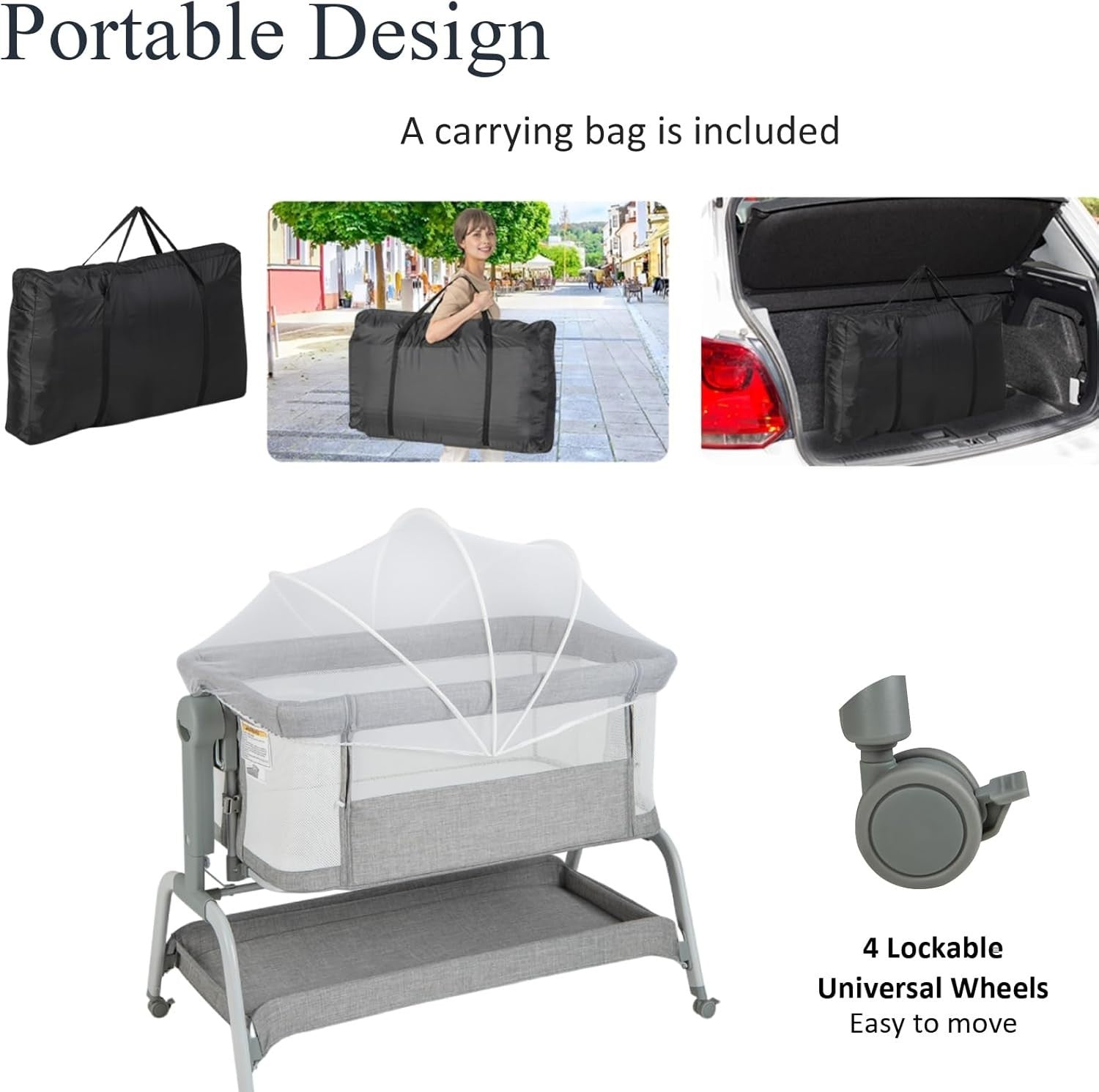 4-in-1 Baby Bedside Crib with Adjustable Height, Mosquito Net & Storage Grey