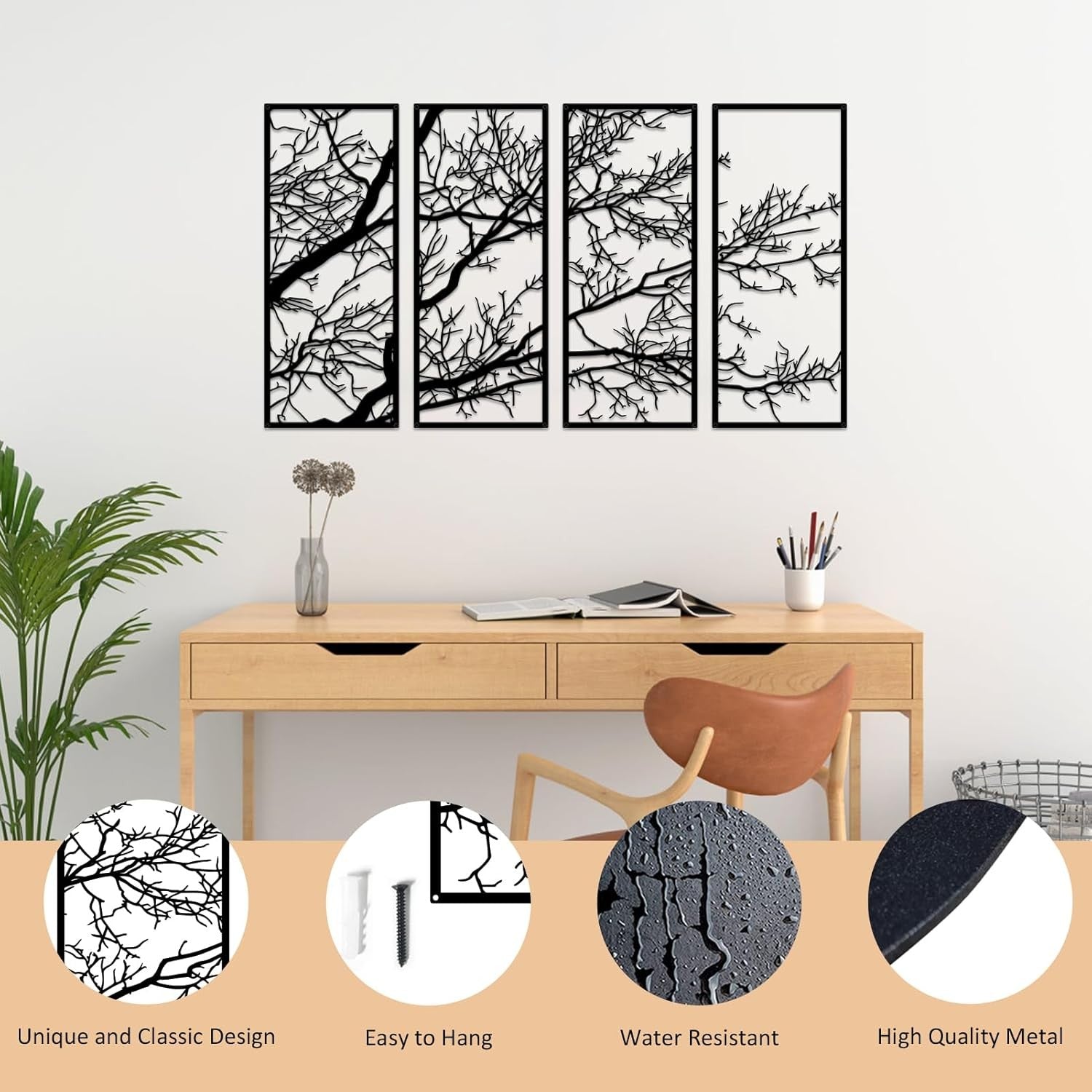 Tree of Life Metal Wall Art 4 Piece Black Large Decor