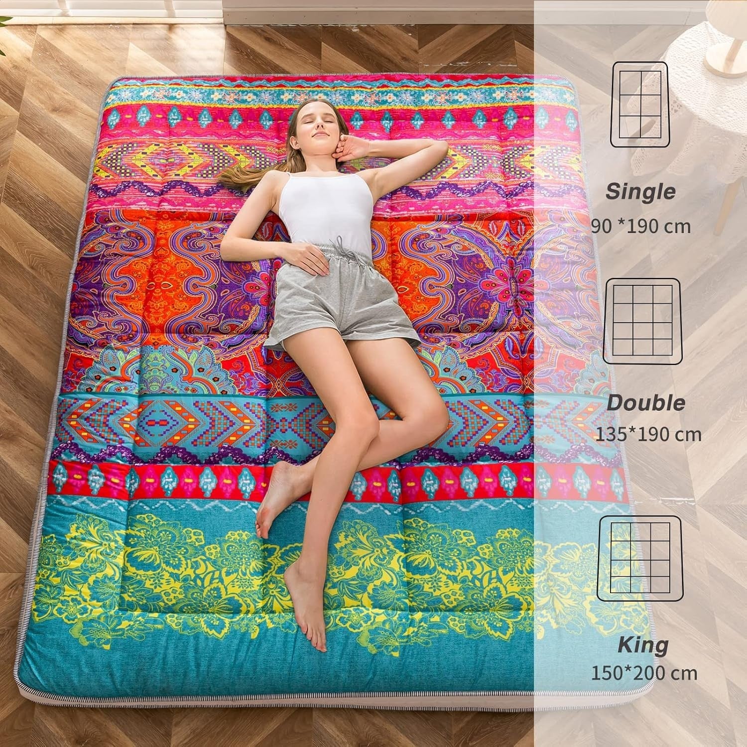 King Size Bohemian Futon Mattress Roll Up Thick Plush Japanese Floor Bed Pad