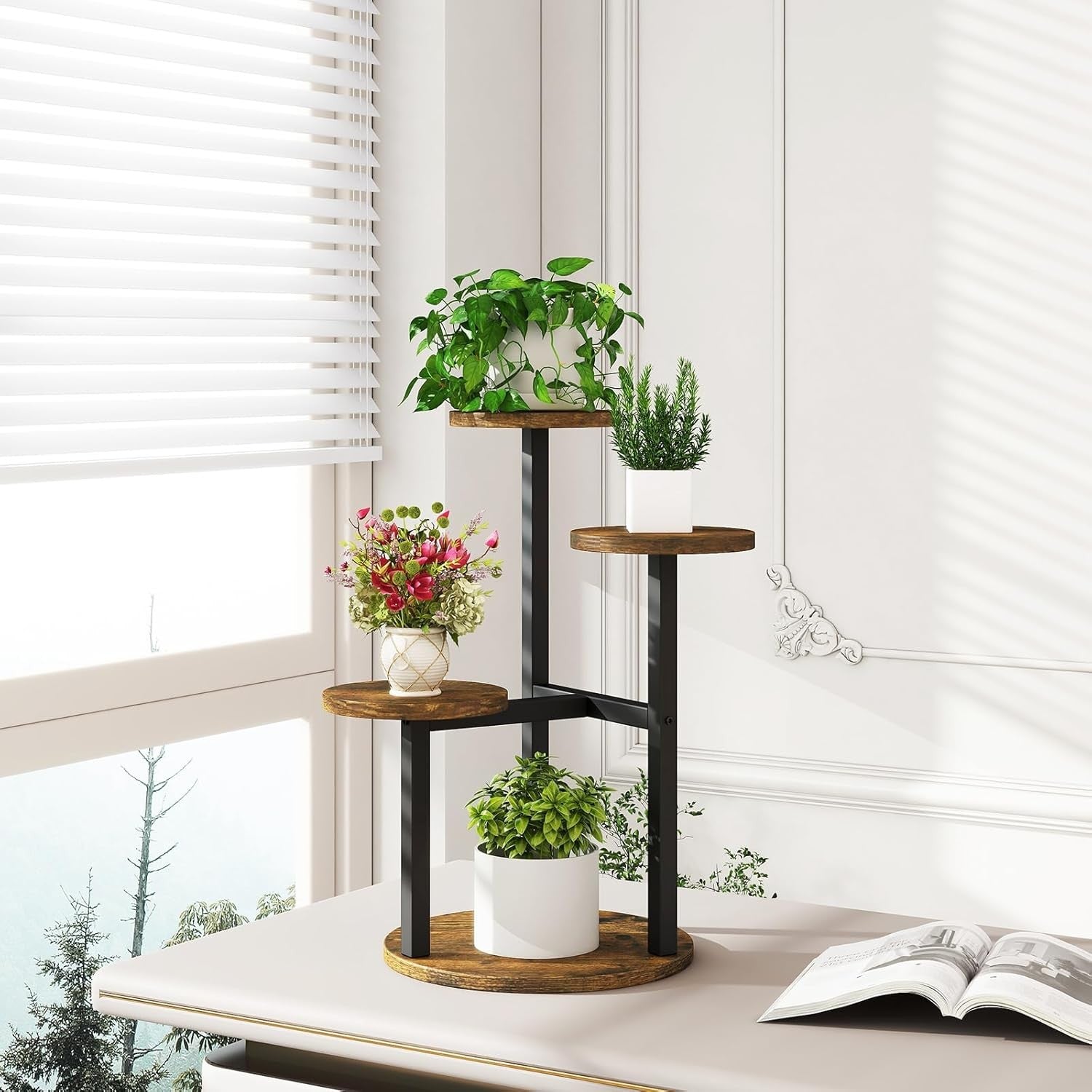 4 Tier Metal Wood Plant Stand Indoor | Rustic Brown Corner Flower Pot Shelf Rack