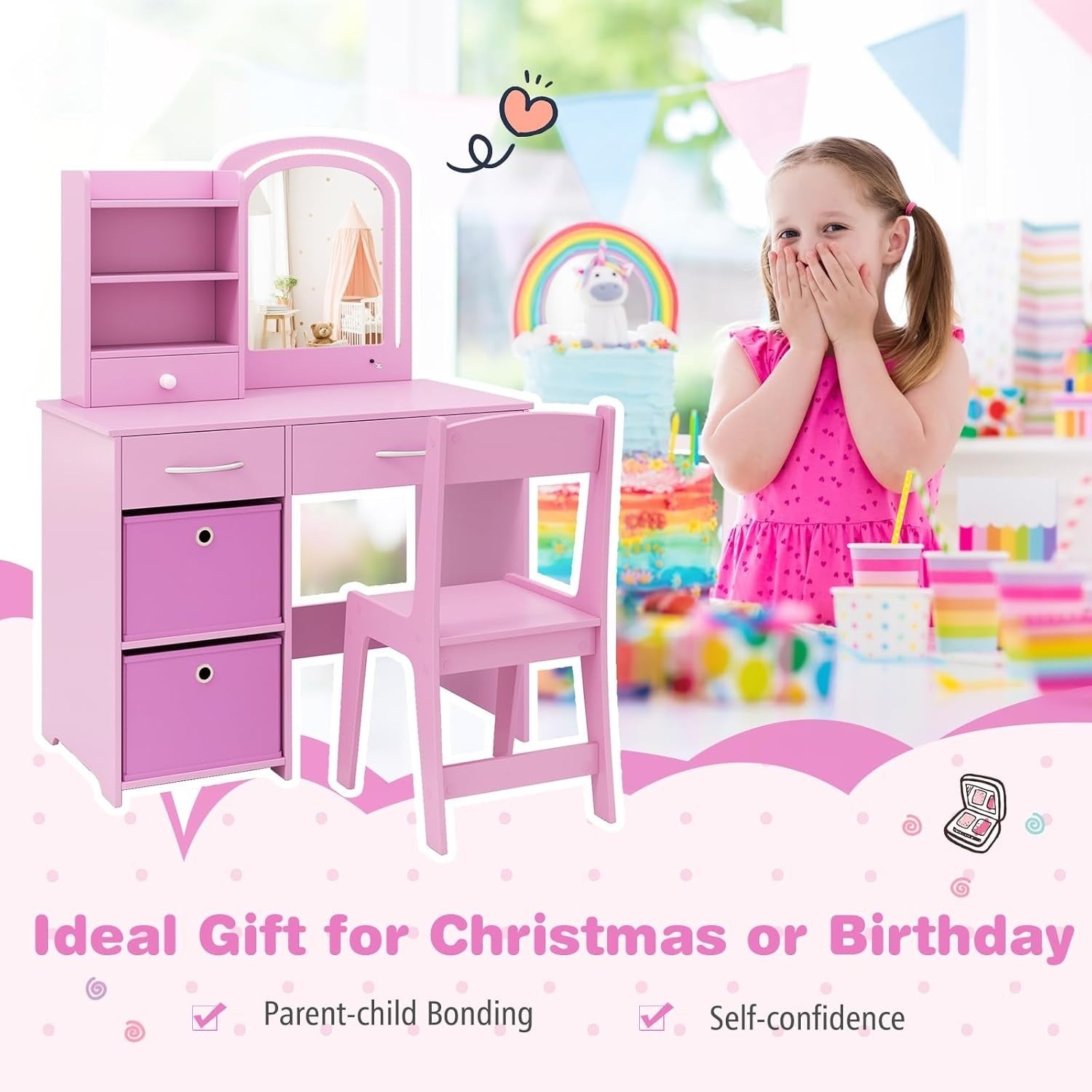 Kids Vanity Table Set with Mirror & Lights 3 Drawers Desk Storage Pink Children'