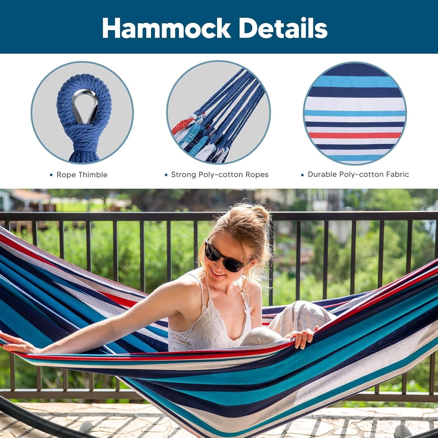 Blue Red Hammock with Stand | 2-3 Person 475lb Capacity | Portable Patio Bed