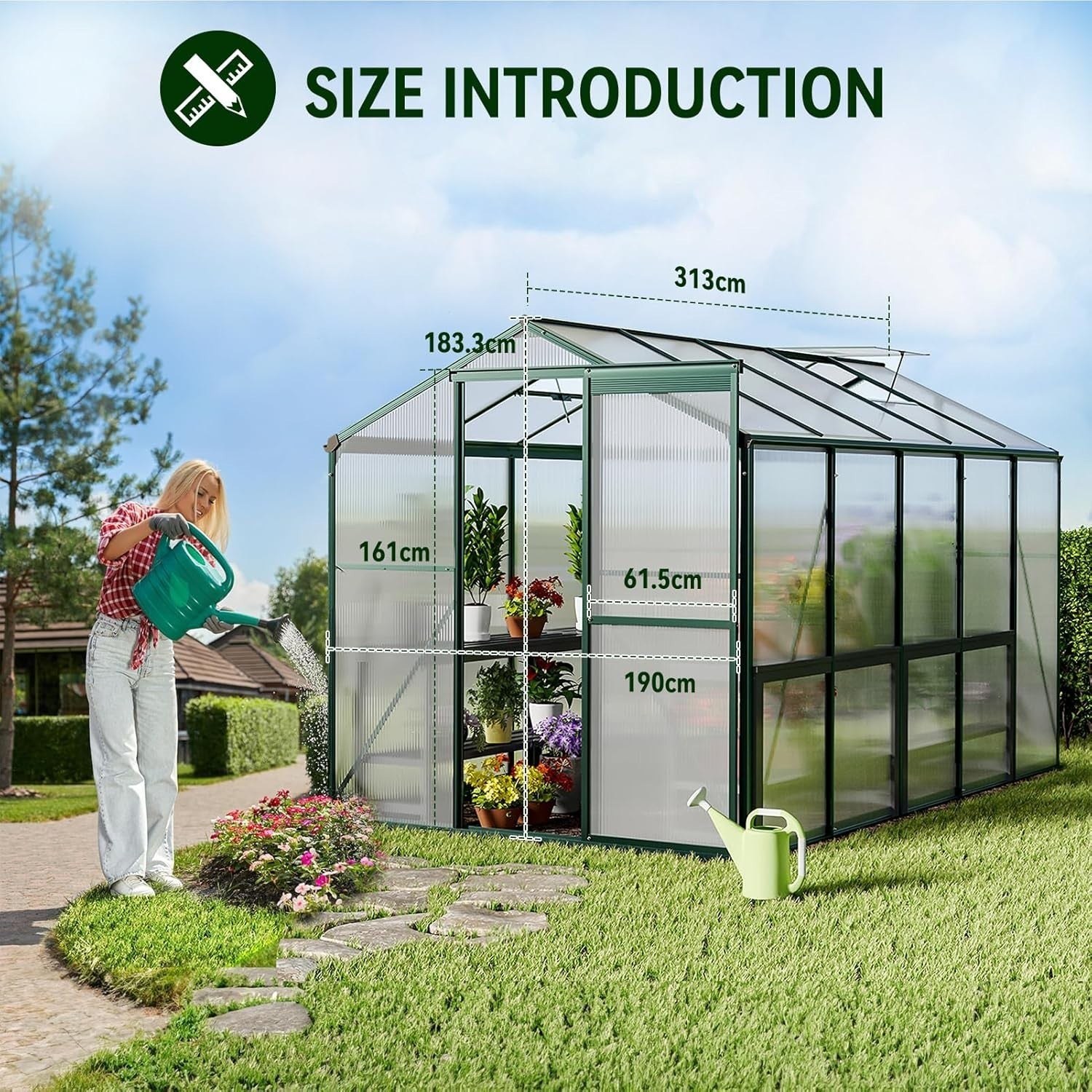 10x6ft Polycarbonate Greenhouse | Heavy-Duty Aluminium Frame | Sliding Door