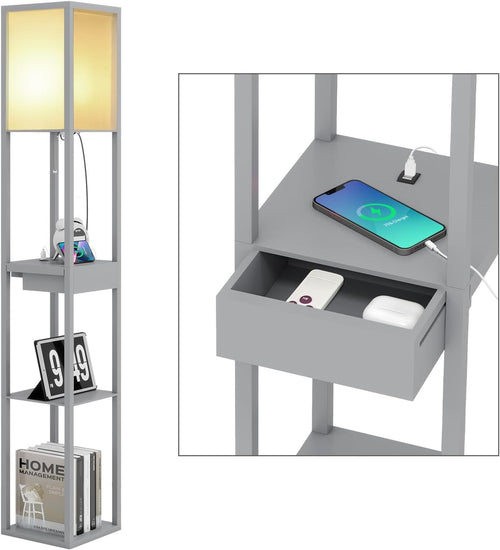 Floor Lamp with Shelves Storage LED Light USB Charging Drawer Modern Grey