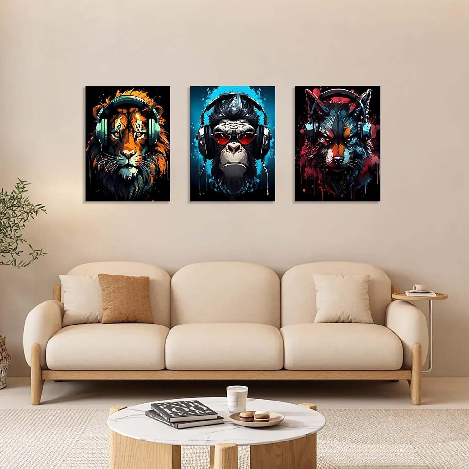 Set of 3 Music Animal Canvas Wall Art 12x16 Framed Lion Gorilla Wolf