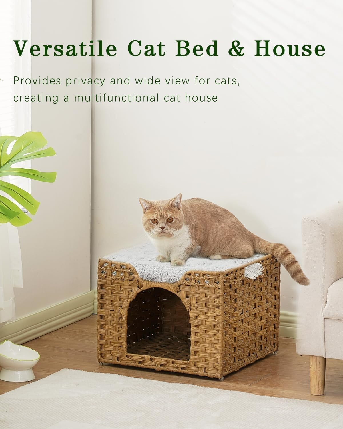 Handwoven Rattan Cat Cave Foldable Indoor Kitten Bed Hideaway Cube