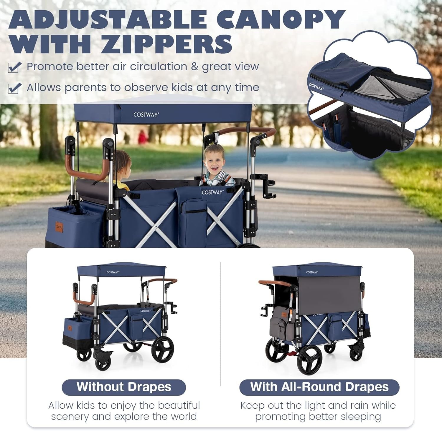 Navy Push Pull Stroller Wagon 2-Seater Folding Cart w/ Canopy 5-Point Harness