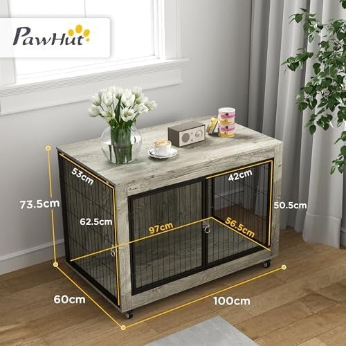 Modern Dog Crate Furniture with Wheels, Large Lockable Pet Cage Grey