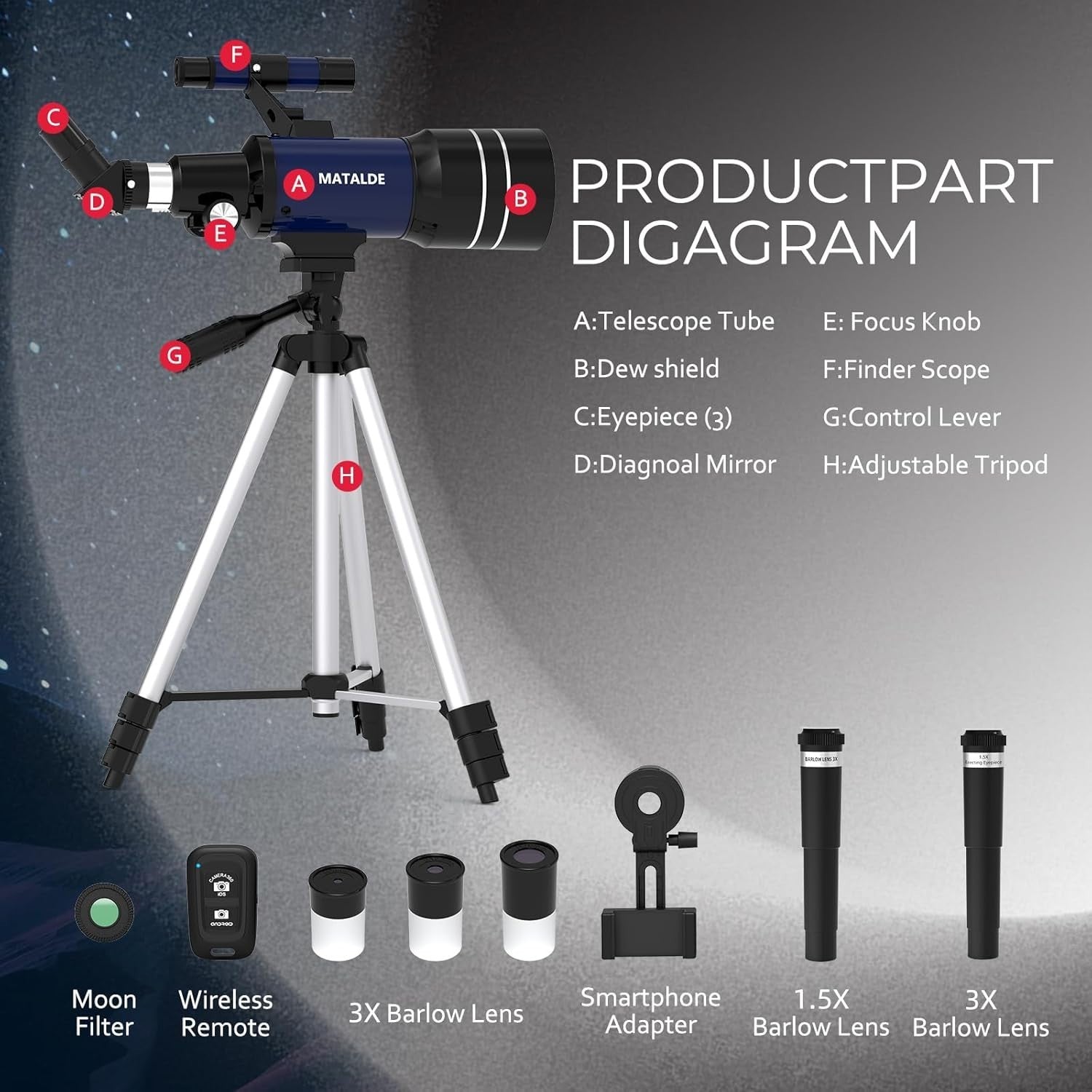 Beginner Telescope 70mm Refractor Astronomy Kit 15X-150X Dark Blue Tripod