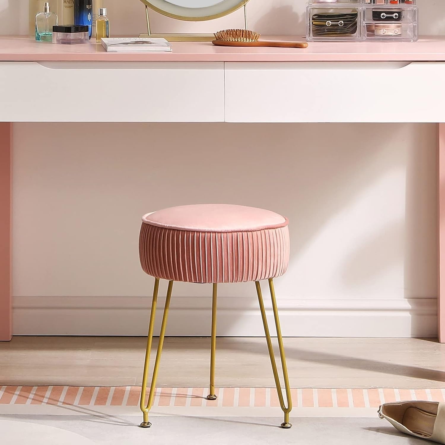 Pink Velvet Round Vanity Stool with Golden Steel Legs – Footrest & Side Table