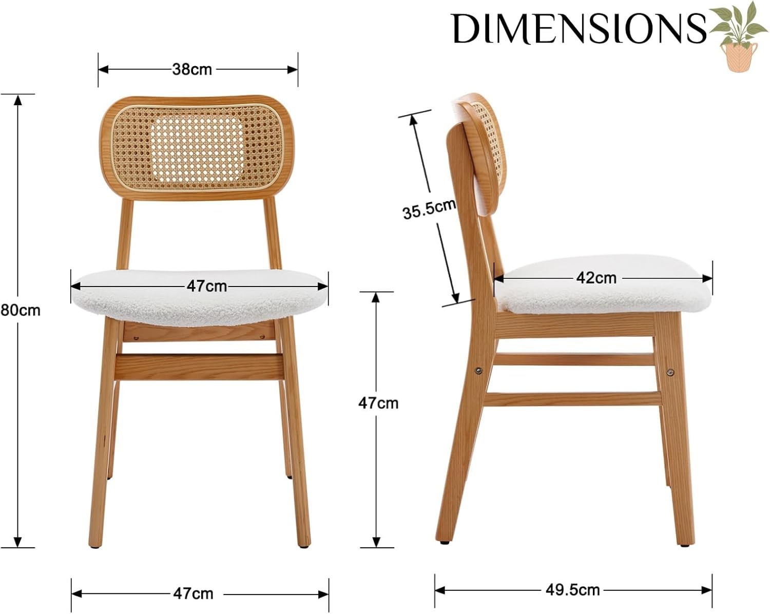 Set of 2 Rattan Dining Chairs Beige Fabric Seat Wooden Legs Kitchen