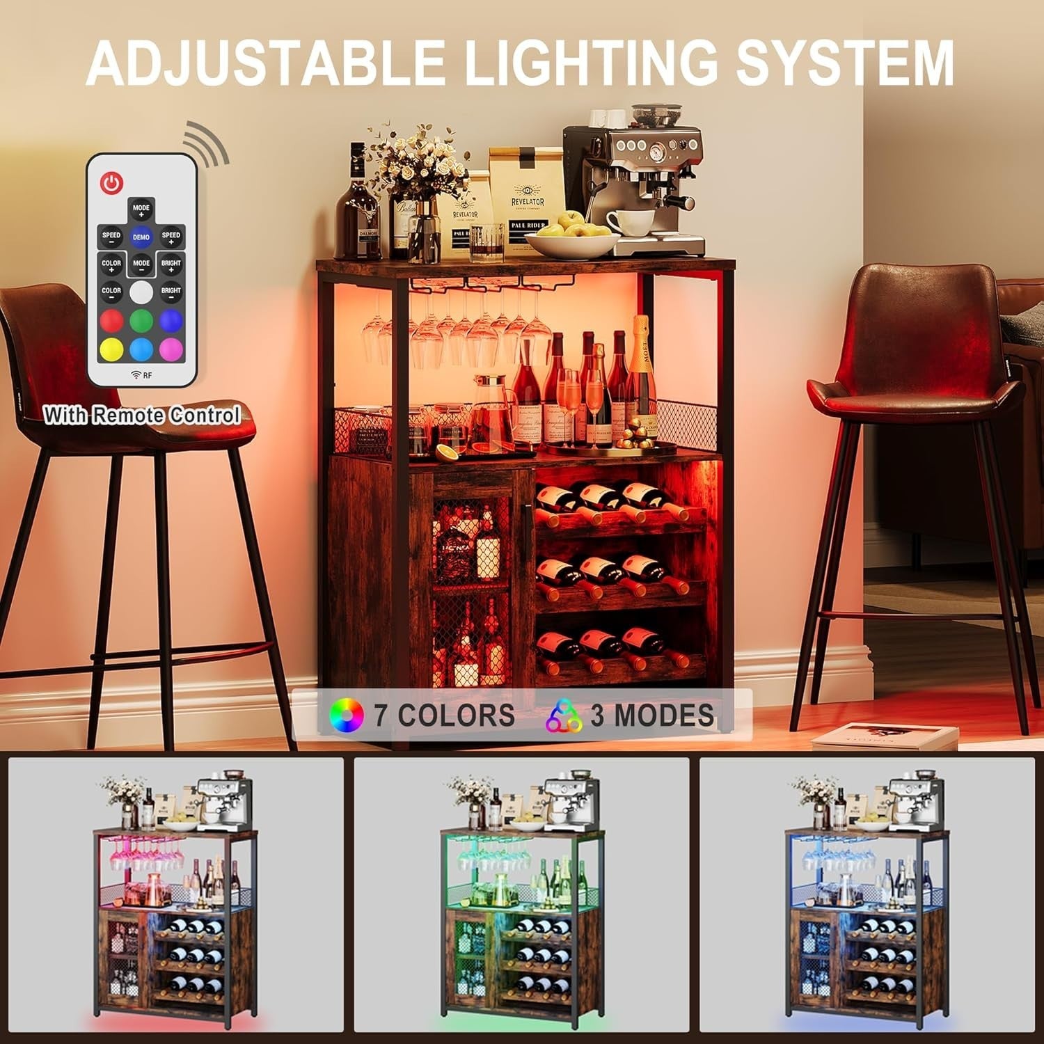 Rustic Industrial Wine Bar Cabinet with LED Light, Glass Holder & 12-Bottle Rack