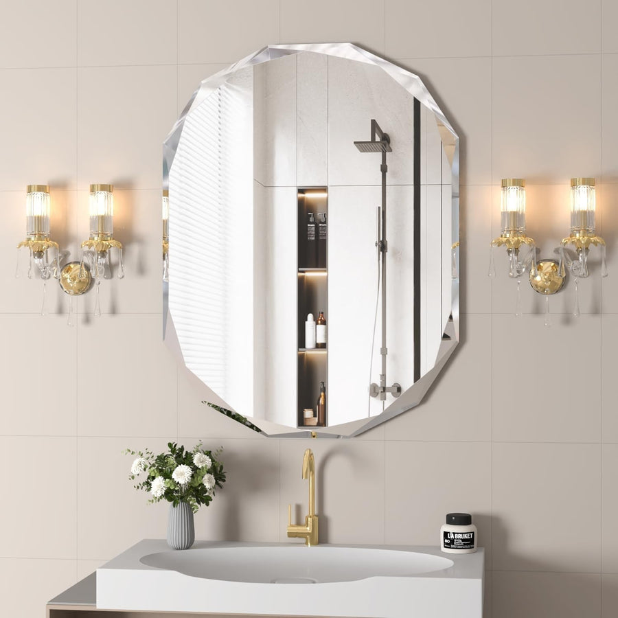 Oval Frameless Bathroom Wall Mirror 76x91 cm Beveled Edge Vanity