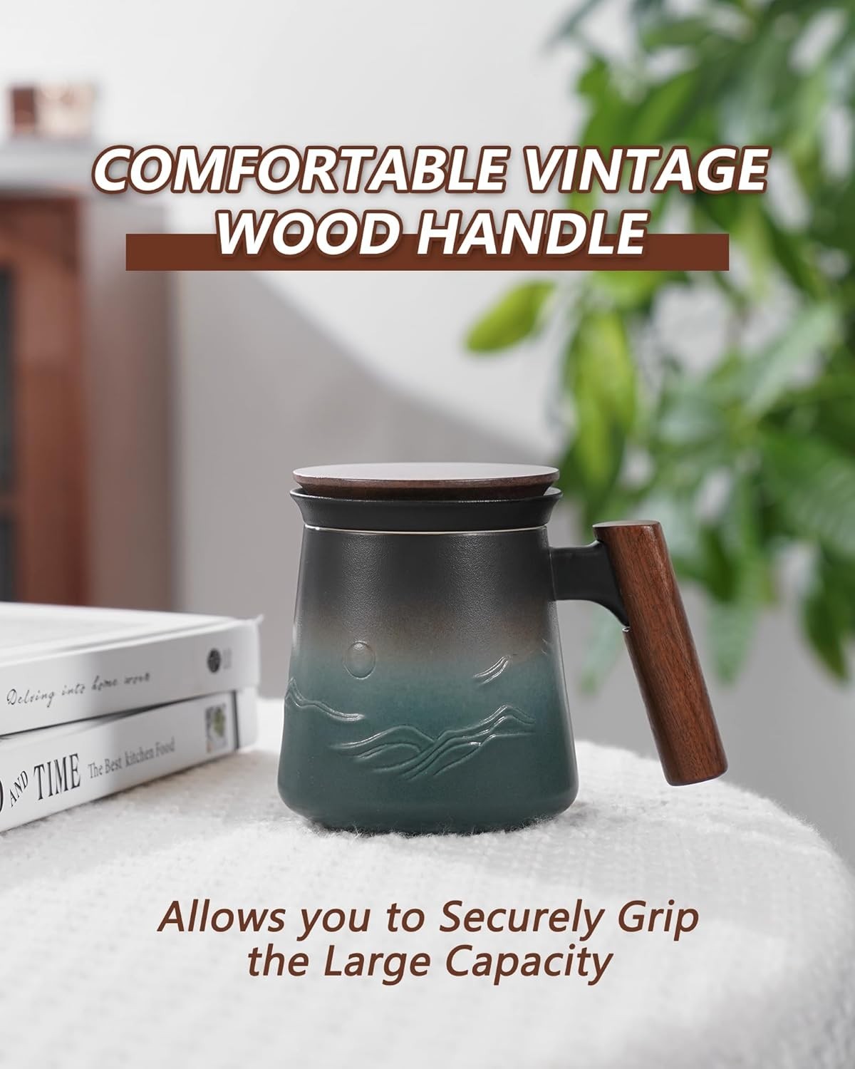 Ceramic Tea Mug 430ml with Infuser Lid & Wood Handle Loose Leaf Cup