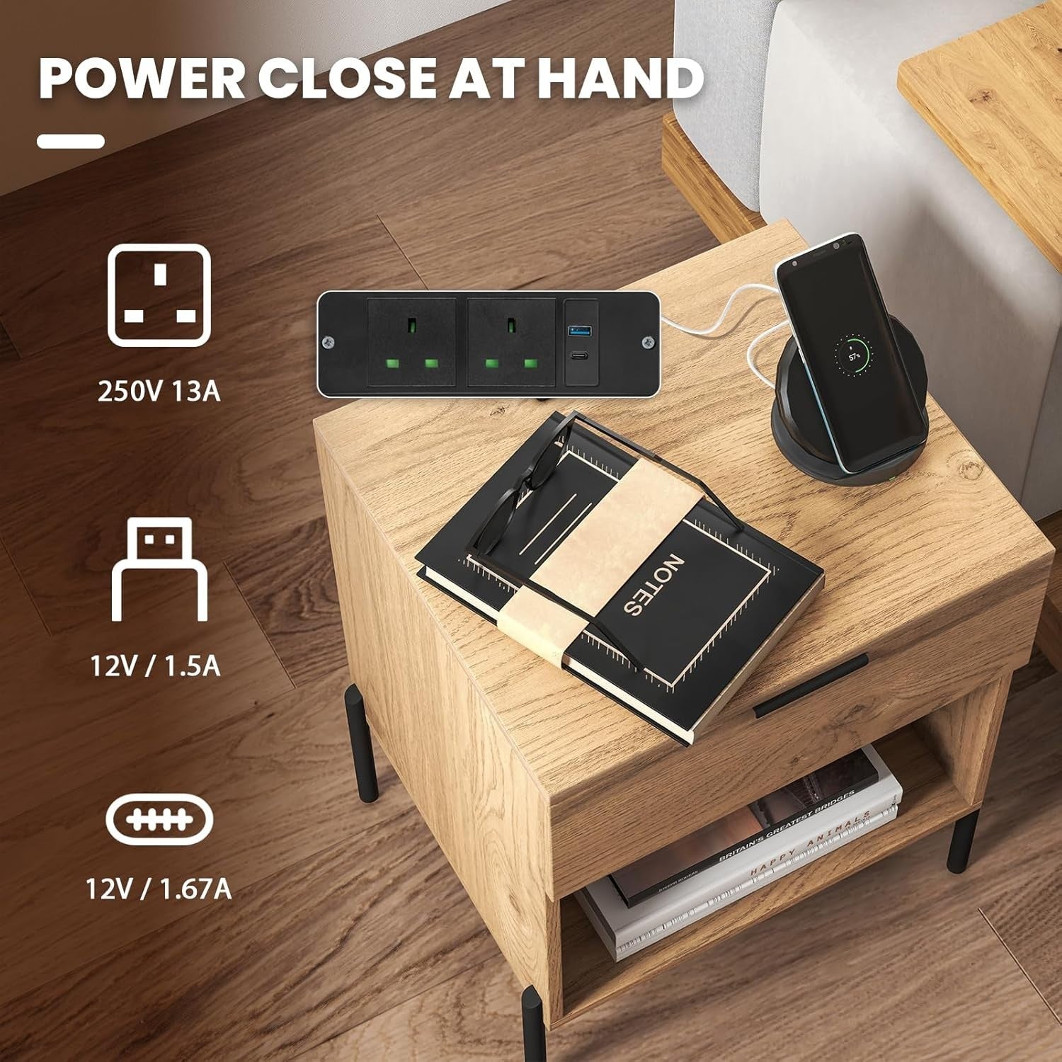 Wooden Bedside Table with Charging Station & Drawer – Modern Nightstand