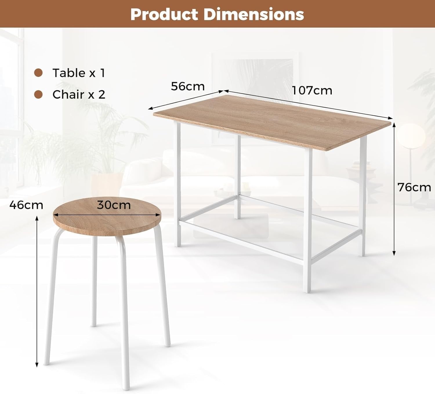 3-Piece Dining Bar Table Set with 2 Stools Wooden Top Metal Frame White Home