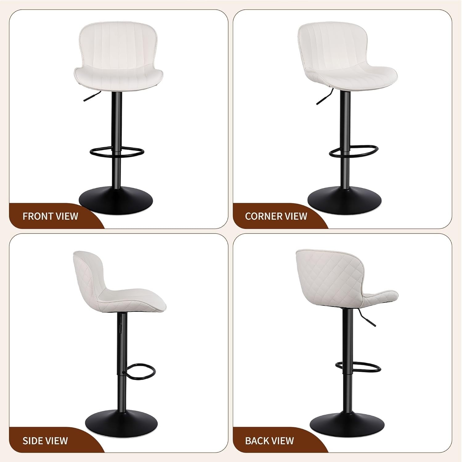 Beige PU Leather Bar Stools Set of 3 Adjustable Kitchen Counter Chairs