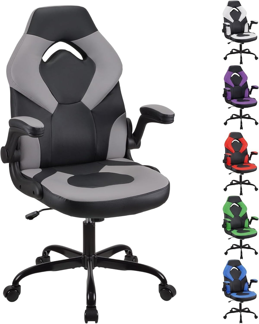 Ergonomic Grey Gaming Chair Office PC Desk Chair Adjustable Height Lumbar PU Lea