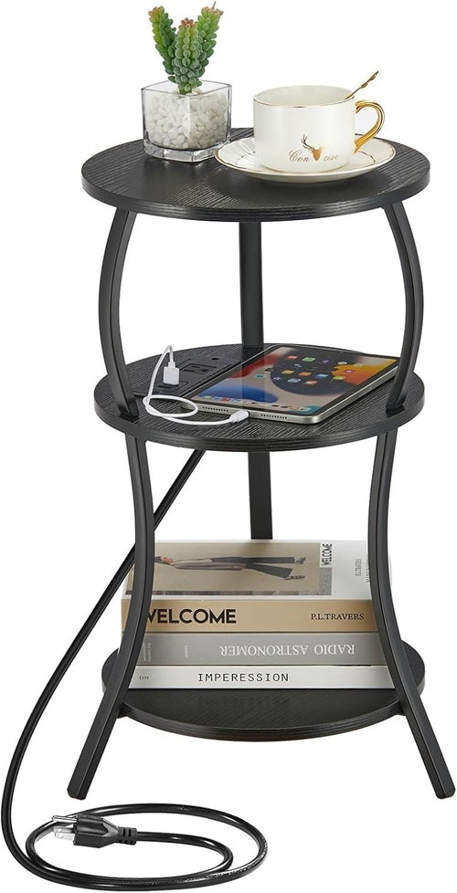 Black 3-Tier Round Side Table 30x30x55 cm | Slim End Table w/ USB & Storage