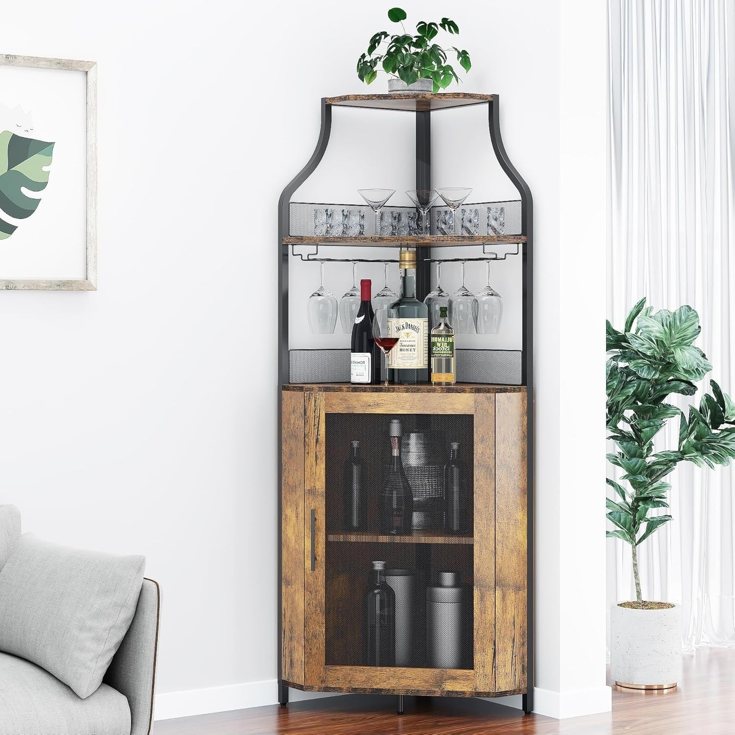 Rustic Corner Wine Bar Cabinet with Glass Rack & Storage Shelves, Freestanding