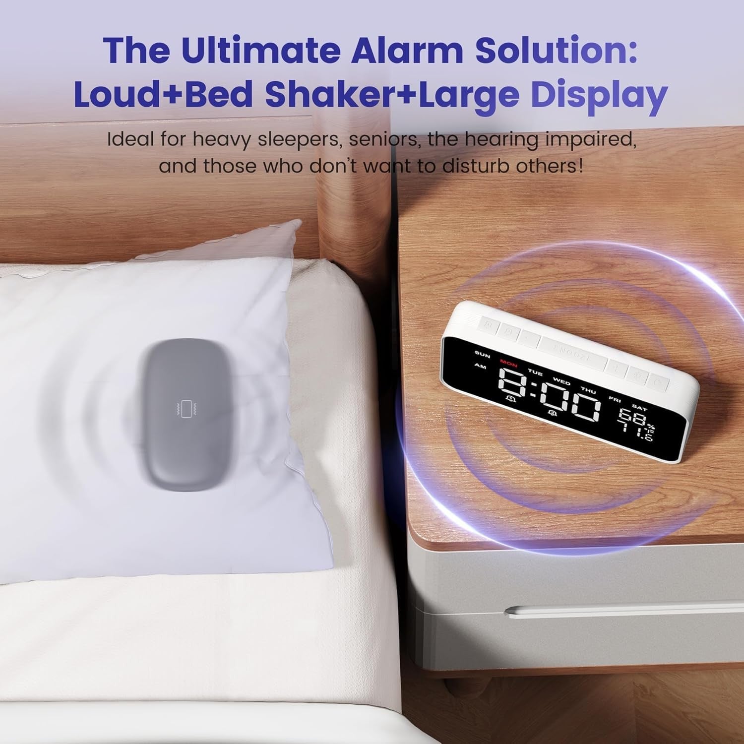 Loud Alarm Clock Bed Shaker Heavy Sleepers Large Display Vibrating Dual Alarm