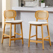 Set of 2 Beige Faux Fur Bar Stools – Rattan Back & Solid Wood Frame