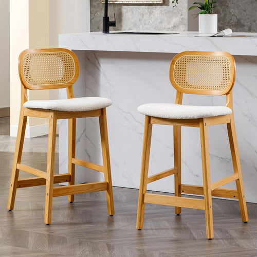 Set of 2 Beige Faux Fur Bar Stools – Rattan Back & Solid Wood Frame