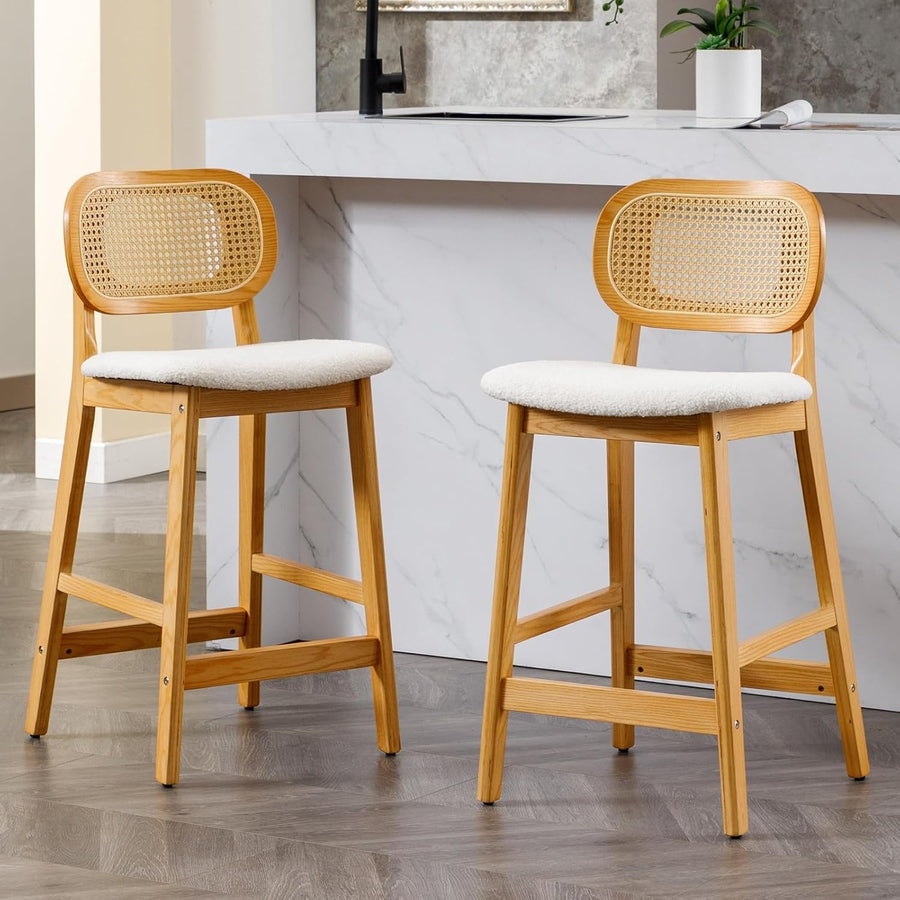 Set of 2 Beige Faux Fur Bar Stools – Rattan Back & Solid Wood Frame