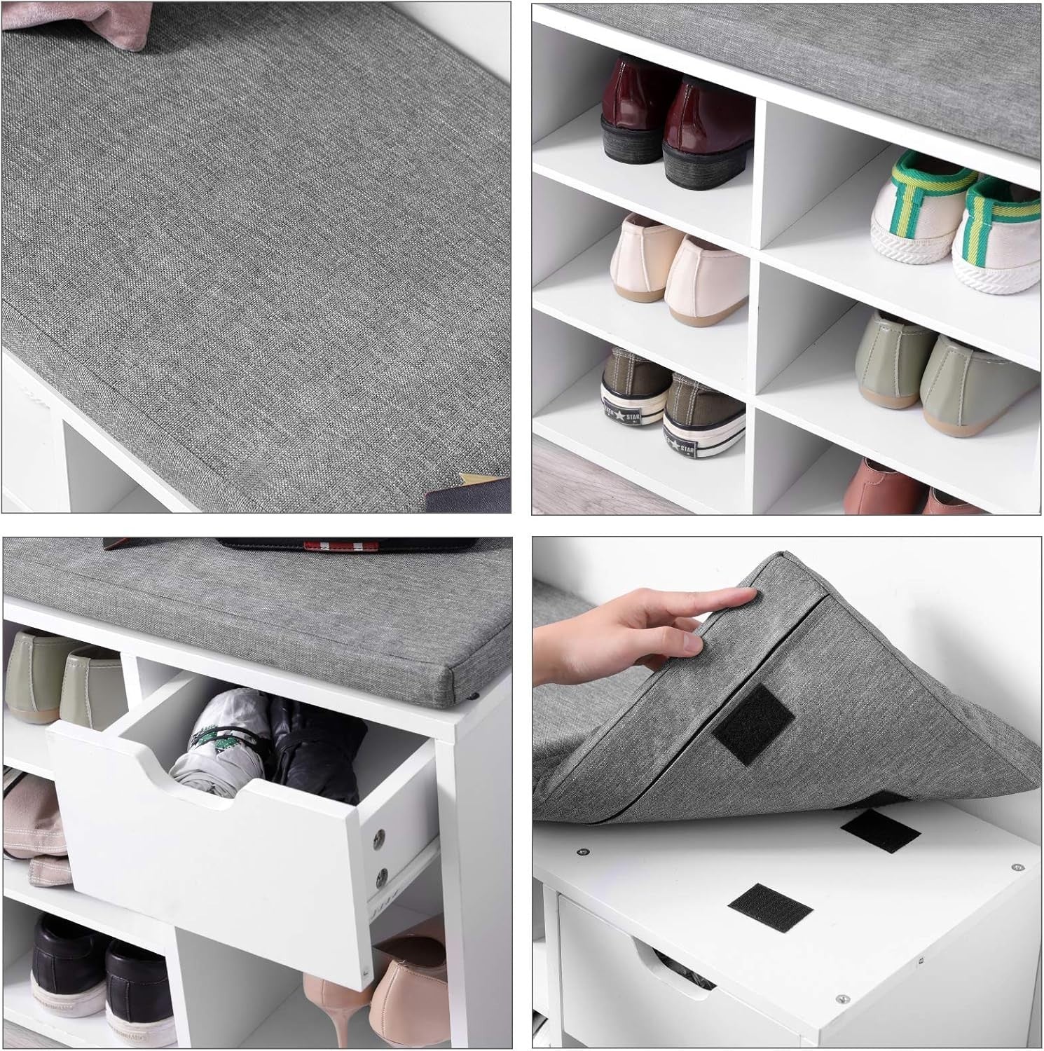 White & Grey Shoe Storage Bench with Cushion Seat, Drawer & Open Shelves
