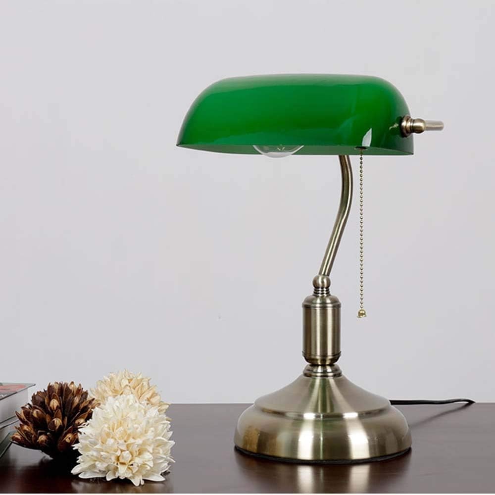 Bankers Desk Lamp Green Glass Shade Brass Base Pull Switch LED