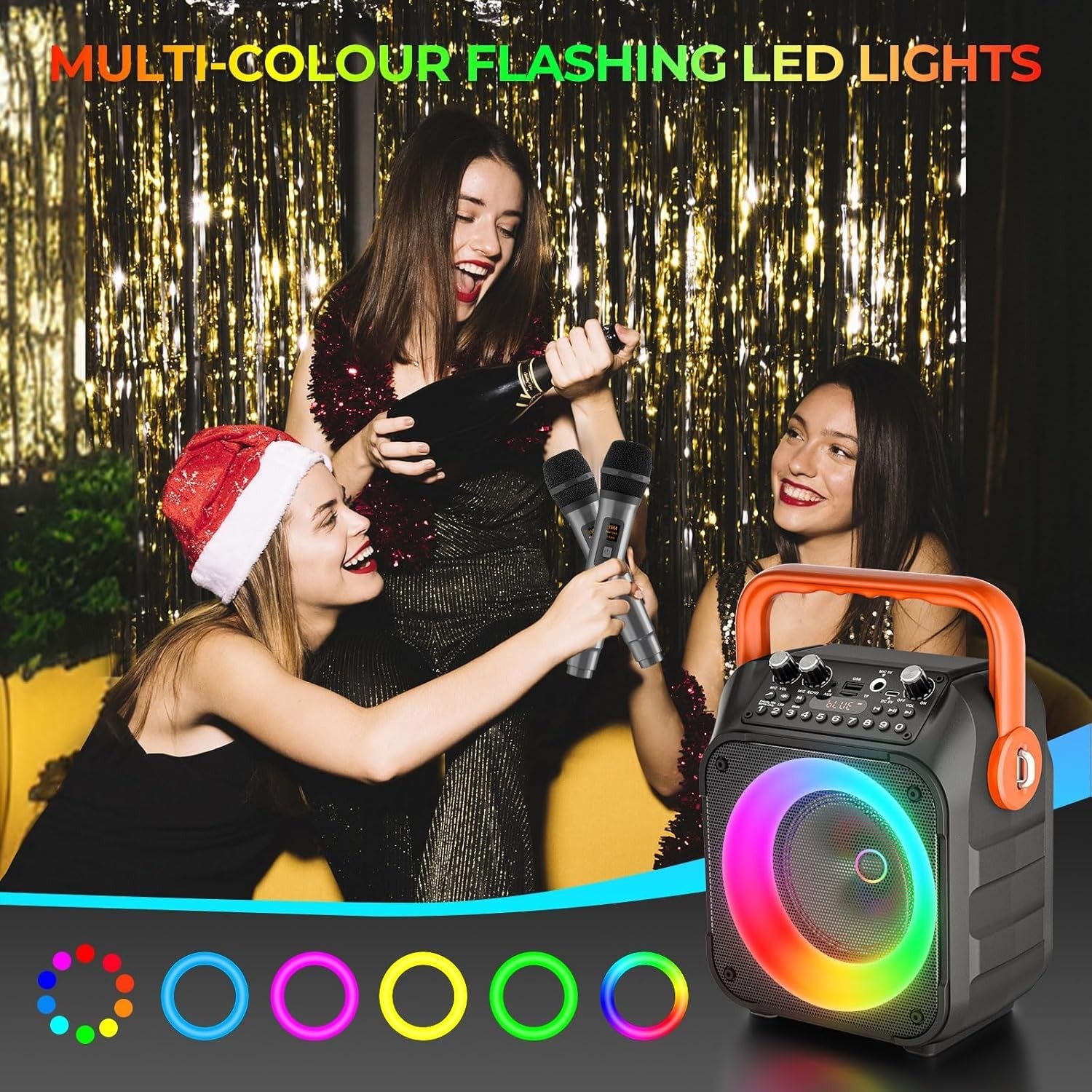 Karaoke Machine 2 Wireless Mics Bluetooth PA Speaker LED