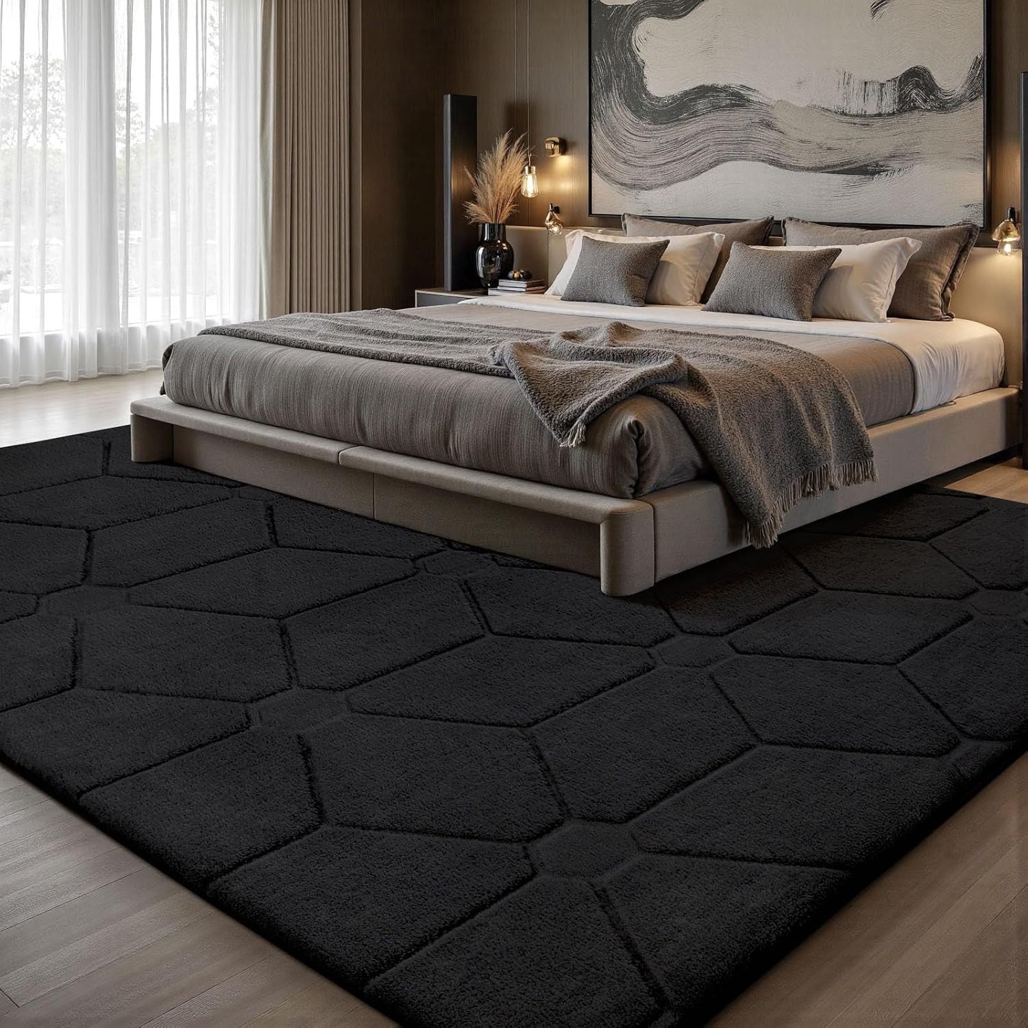 Extra Large Black Area Rug 275x370cm Washable Anti Slip Short Pile Carpet