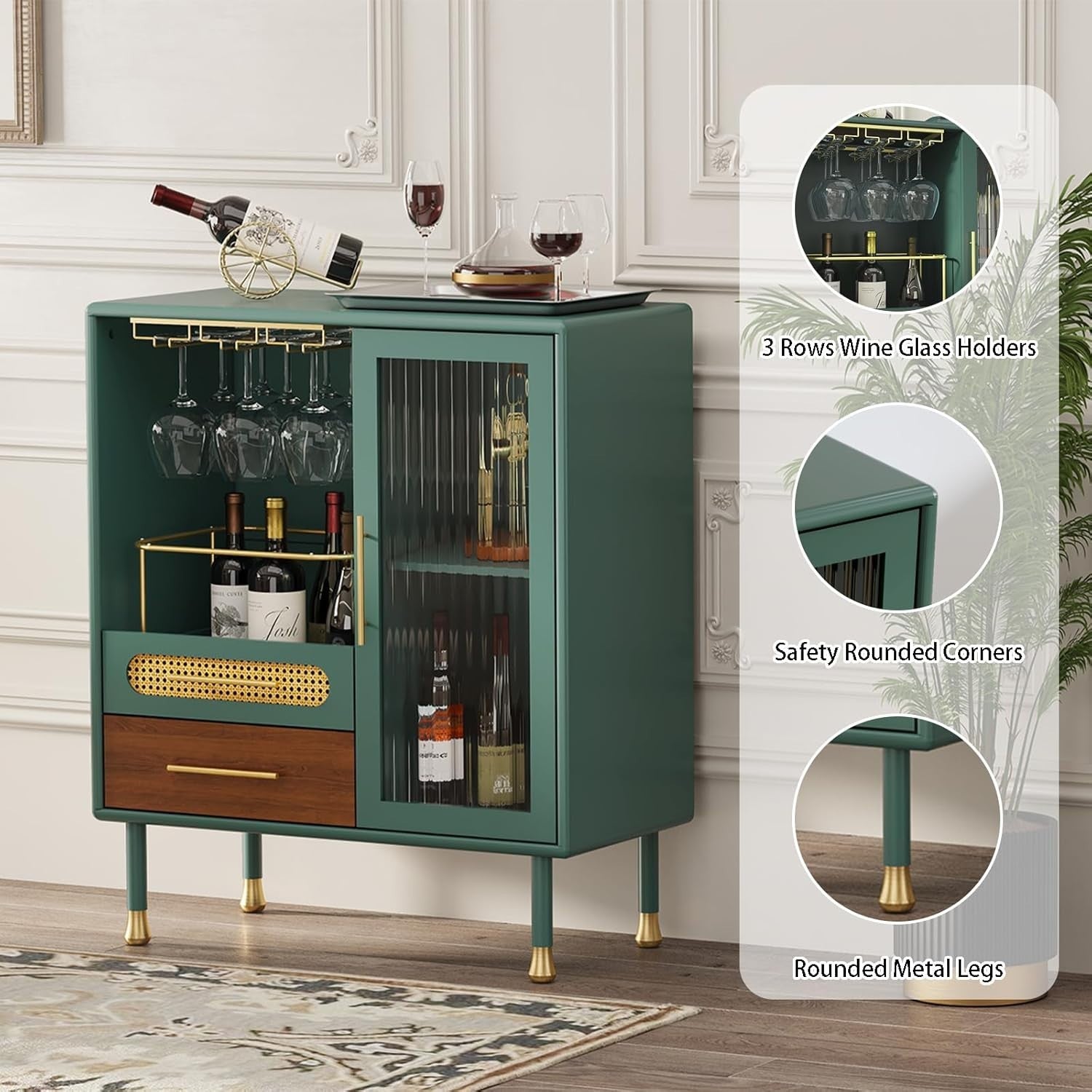 Green Drinks Cabinet with Wine Glass Racks & 2 Drawers – Modern Home Bar Storage