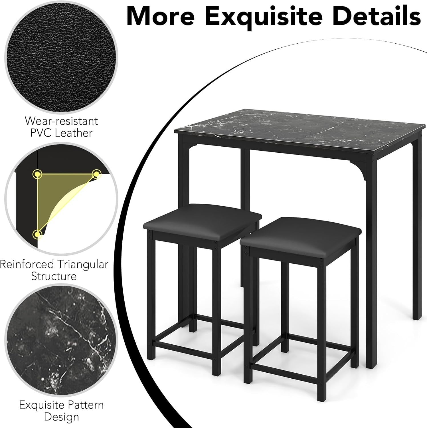 3 Piece Breakfast Bar Table Set with Stools Modern Small Space Dining Black