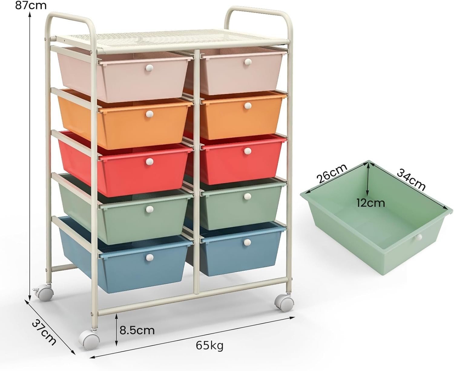 10 Drawer Rolling Storage Cart Mobile Organizer Trolley Lockable Wheels