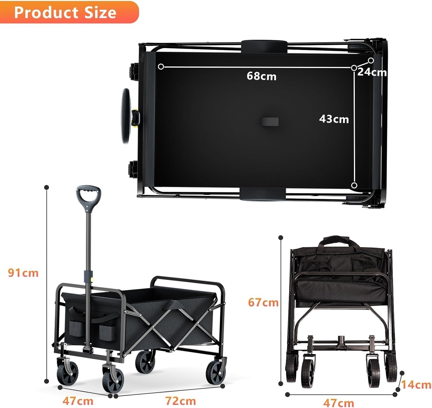 Heavy Duty 225L Foldable Festival Trolley Push Pull Cart w/ Brakes & Wide Wheels