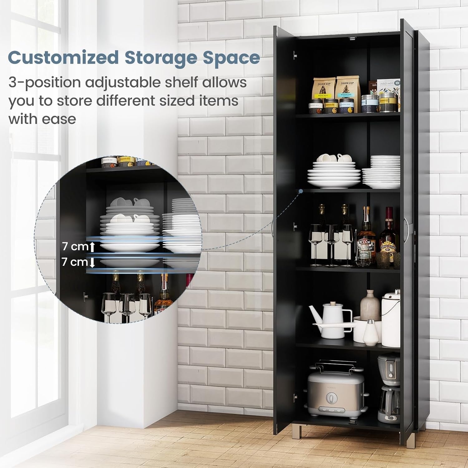 Tall Black Kitchen Cupboard 2 Door Storage Cabinet  Adjustable Shelves