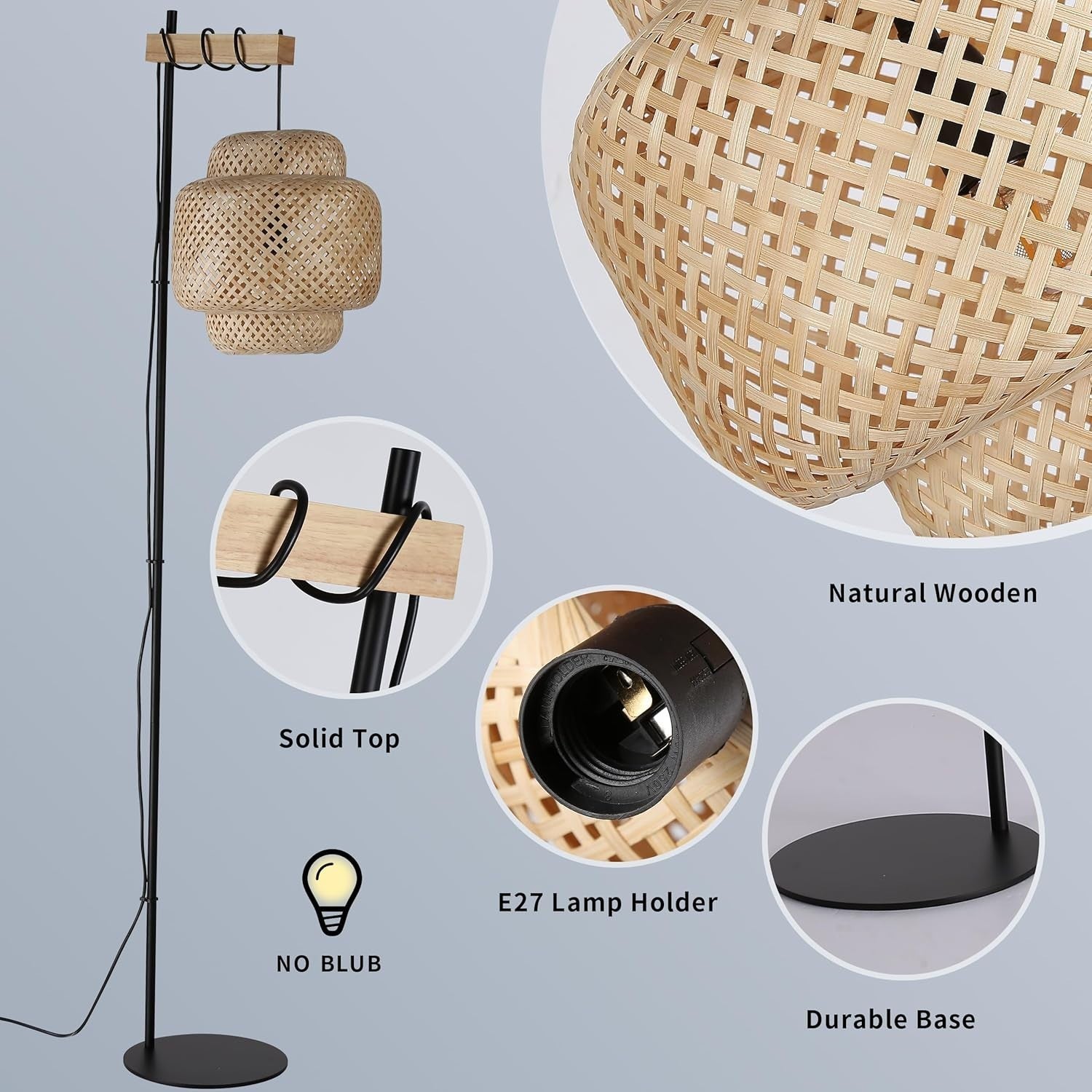Boho Bamboo Floor Lamp with Foot Switch & Industrial Cake Shade